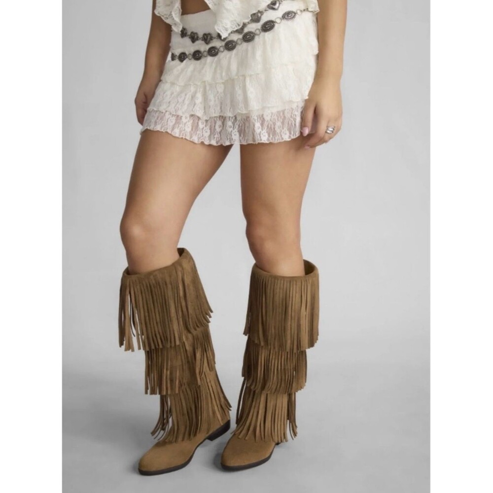 Boho Brown Faux Suede 6 Fringe Knee-High Moccasin Boots NWT